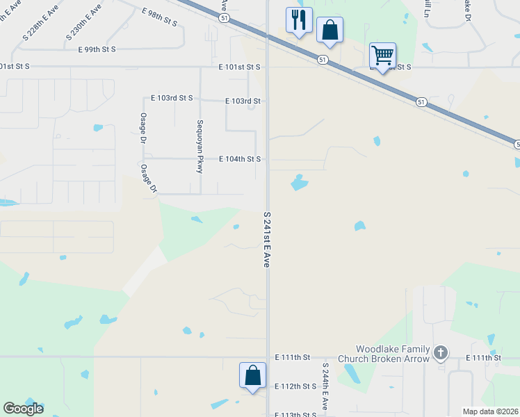 map of restaurants, bars, coffee shops, grocery stores, and more near 10600 South 241st East Avenue in Broken Arrow