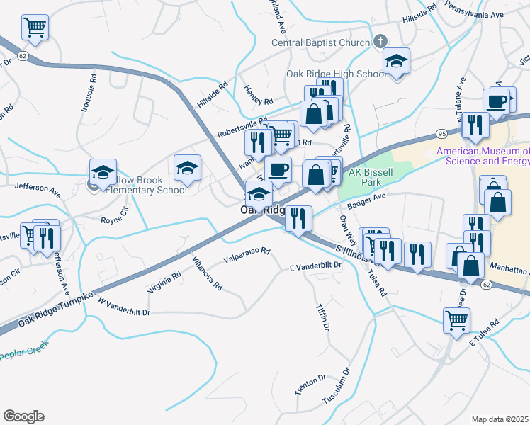 map of restaurants, bars, coffee shops, grocery stores, and more near Oak Ridge Turnpike & N Illinois Ave in Oak Ridge