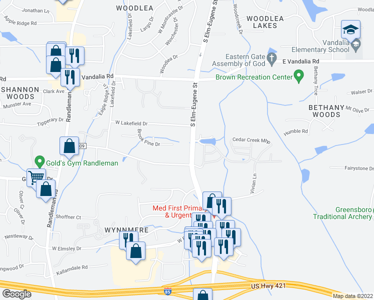 map of restaurants, bars, coffee shops, grocery stores, and more near 3612 South Elm-Eugene Street in Greensboro