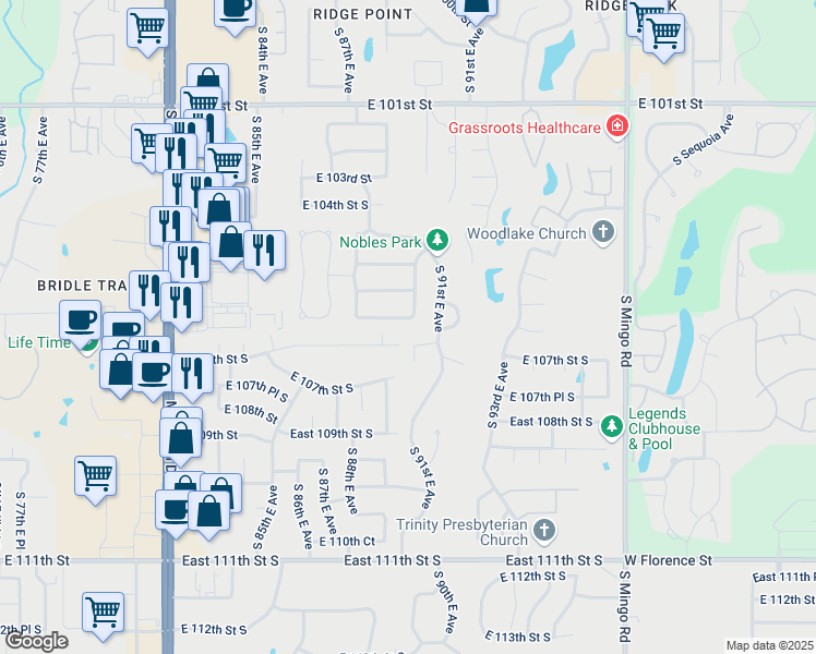 map of restaurants, bars, coffee shops, grocery stores, and more near 8880 East 105th Court South in Tulsa