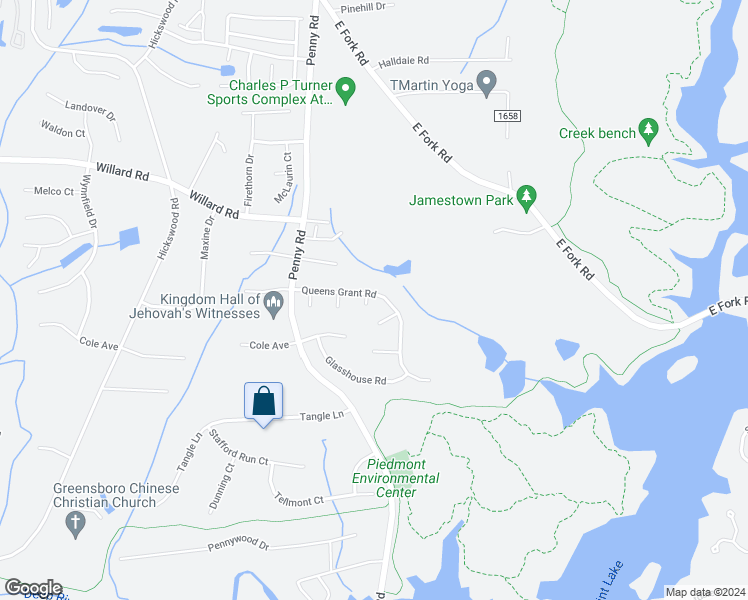map of restaurants, bars, coffee shops, grocery stores, and more near 2708 Book Binder Court in Jamestown