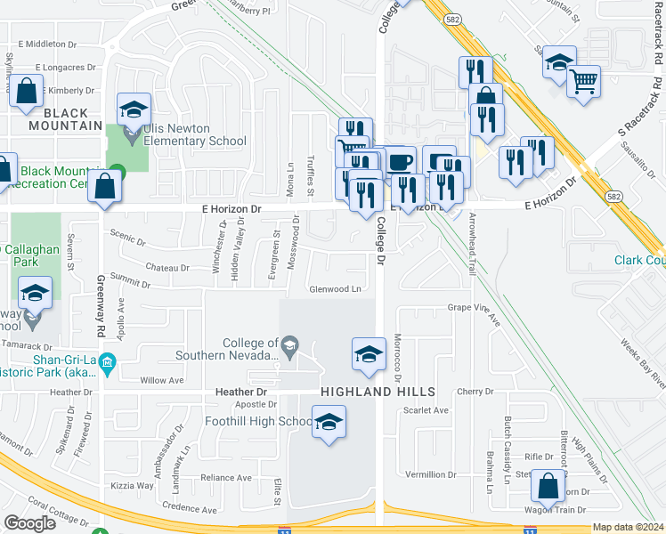 map of restaurants, bars, coffee shops, grocery stores, and more near 638 Valley View Cir in Henderson