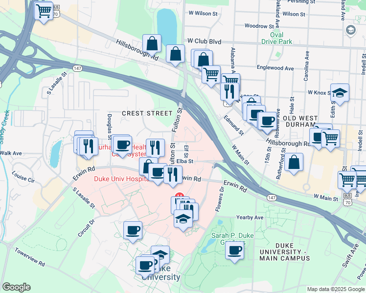 map of restaurants, bars, coffee shops, grocery stores, and more near 400 Elf Street in Durham