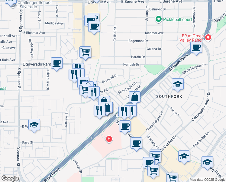 map of restaurants, bars, coffee shops, grocery stores, and more near 435 Coral Sea Street in Henderson