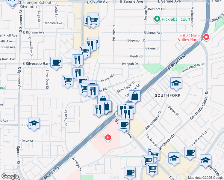 map of restaurants, bars, coffee shops, grocery stores, and more near 435 Coral Sea Street in Henderson