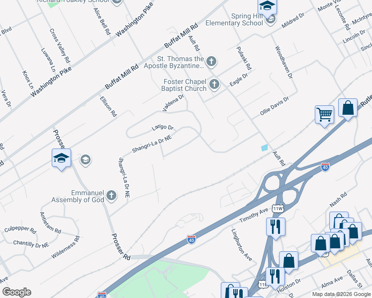map of restaurants, bars, coffee shops, grocery stores, and more near 4407 Larigo Drive in Knoxville