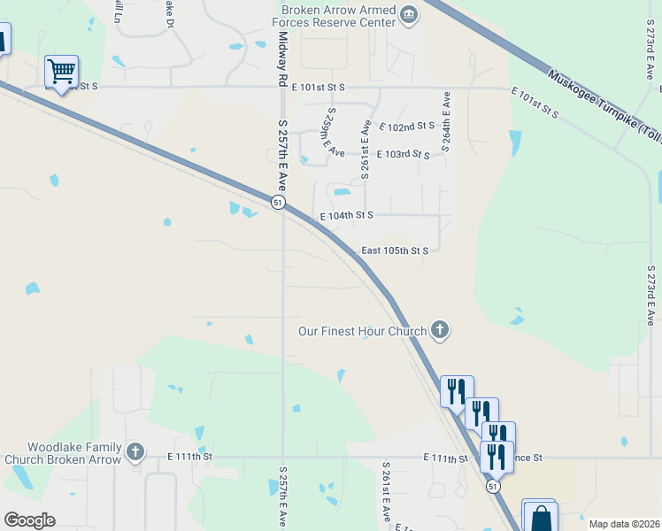 map of restaurants, bars, coffee shops, grocery stores, and more near 25909 East 105th Street in Broken Arrow