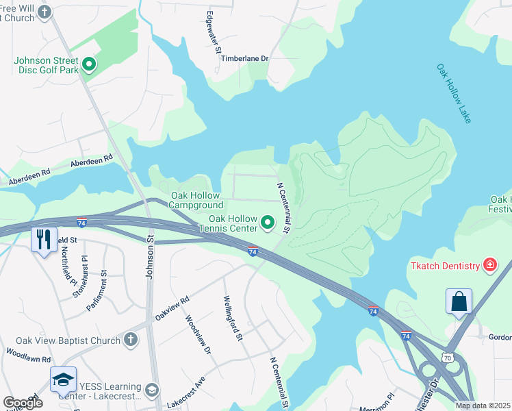 map of restaurants, bars, coffee shops, grocery stores, and more near 1214 Tanglewood Avenue in High Point