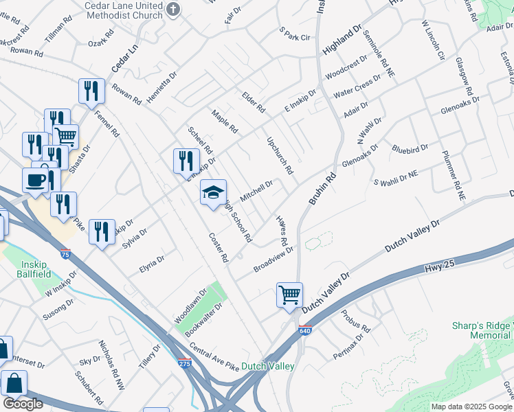 map of restaurants, bars, coffee shops, grocery stores, and more near 4510 Hutton Road in Knoxville