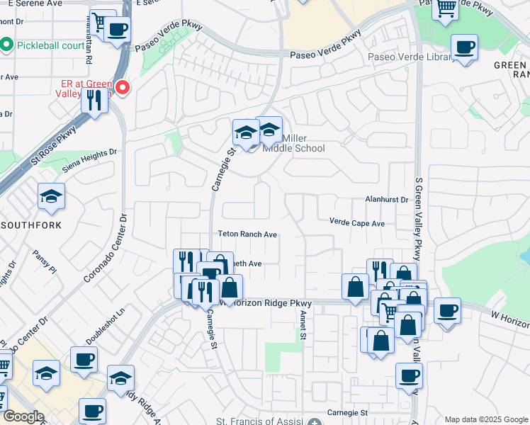 map of restaurants, bars, coffee shops, grocery stores, and more near 2381 Goldfire Circle in Henderson