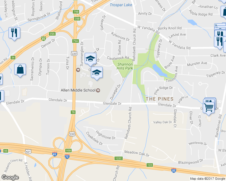 map of restaurants, bars, coffee shops, grocery stores, and more near 4132 Donegal Drive in Greensboro