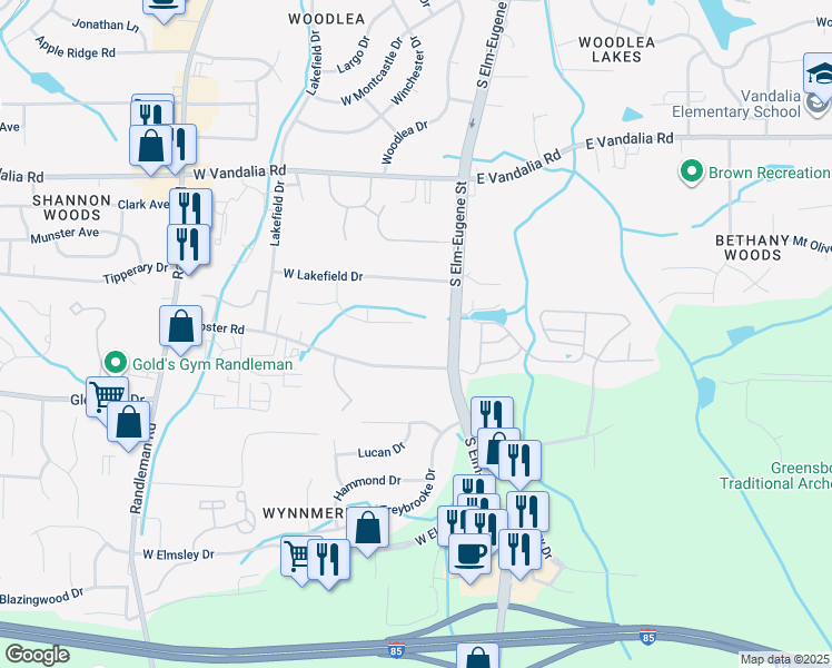 map of restaurants, bars, coffee shops, grocery stores, and more near 103 Brook Pine Drive in Greensboro