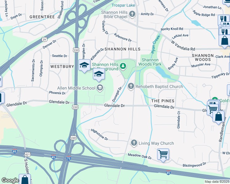 map of restaurants, bars, coffee shops, grocery stores, and more near 4132 Donegal Drive in Greensboro