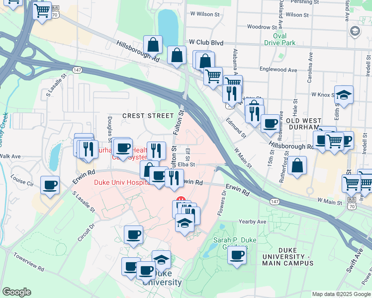 map of restaurants, bars, coffee shops, grocery stores, and more near 400 Elf Street in Durham