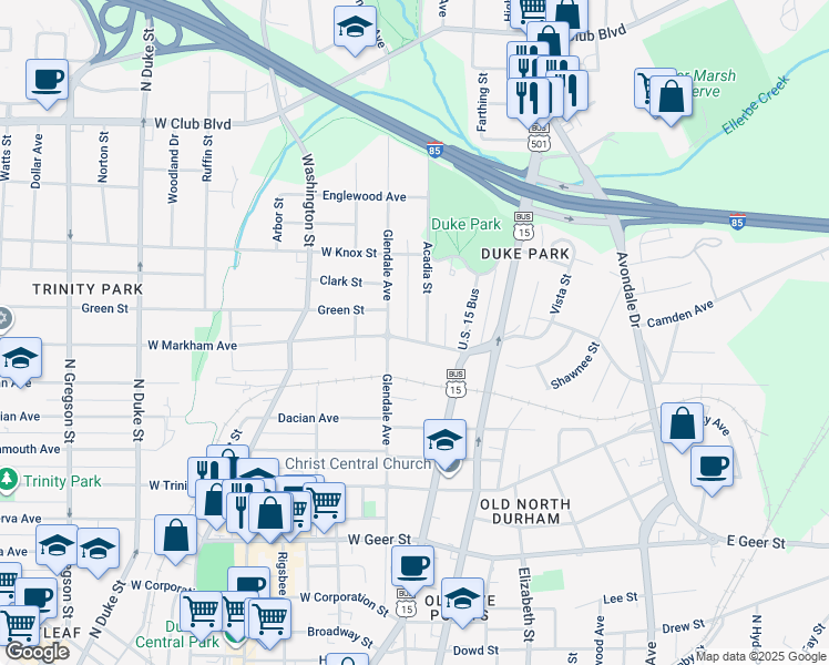 map of restaurants, bars, coffee shops, grocery stores, and more near 208 West Markham Avenue in Durham