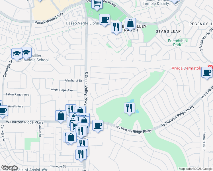 map of restaurants, bars, coffee shops, grocery stores, and more near 2164 Picture Rock Avenue in Henderson