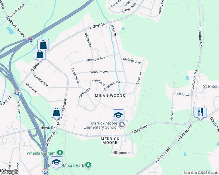 map of restaurants, bars, coffee shops, grocery stores, and more near 2506 Faucette Avenue in Durham