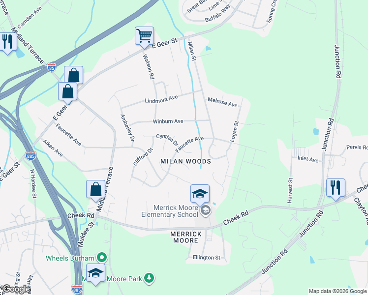map of restaurants, bars, coffee shops, grocery stores, and more near 2506 Faucette Avenue in Durham
