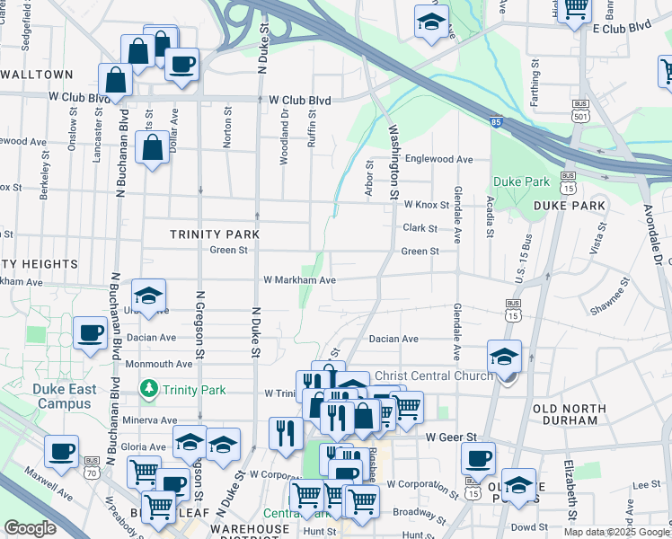 map of restaurants, bars, coffee shops, grocery stores, and more near 620 Pamlico Street in Durham