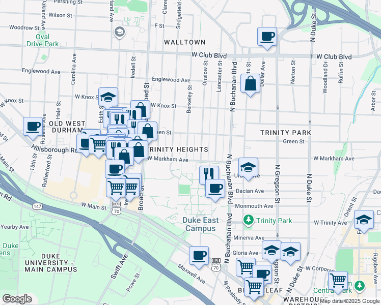 map of restaurants, bars, coffee shops, grocery stores, and more near 821 Onslow Street in Durham