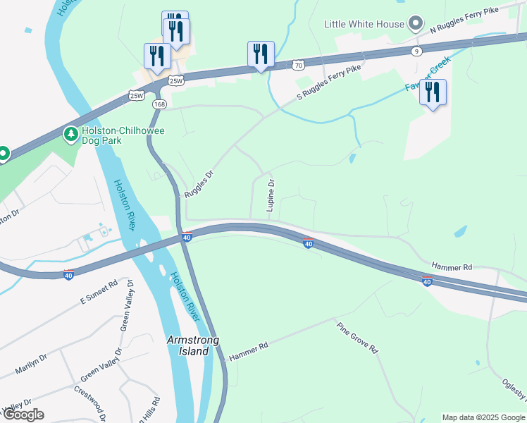map of restaurants, bars, coffee shops, grocery stores, and more near 6204 Mountain Laurel Road in Knoxville