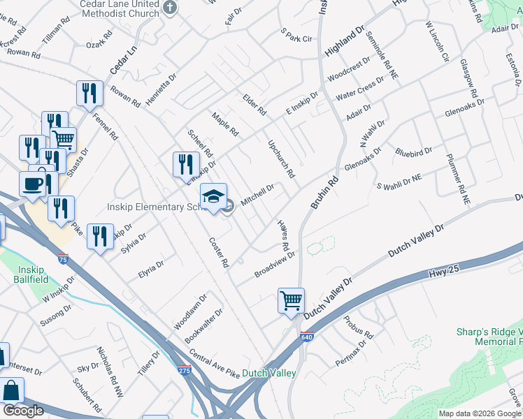 map of restaurants, bars, coffee shops, grocery stores, and more near 4514 Hutton Road in Knoxville