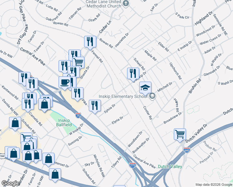 map of restaurants, bars, coffee shops, grocery stores, and more near 123 East Inskip Drive in Knoxville