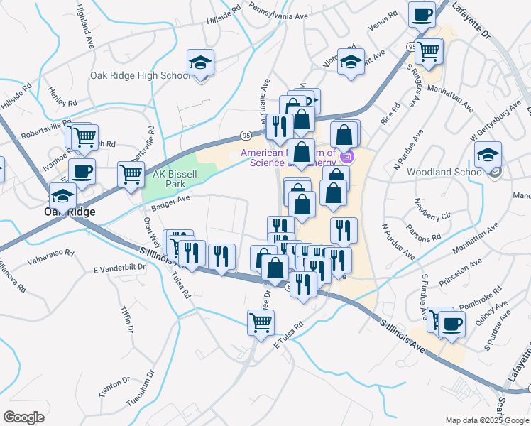 map of restaurants, bars, coffee shops, grocery stores, and more near 201 Badger Avenue in Oak Ridge