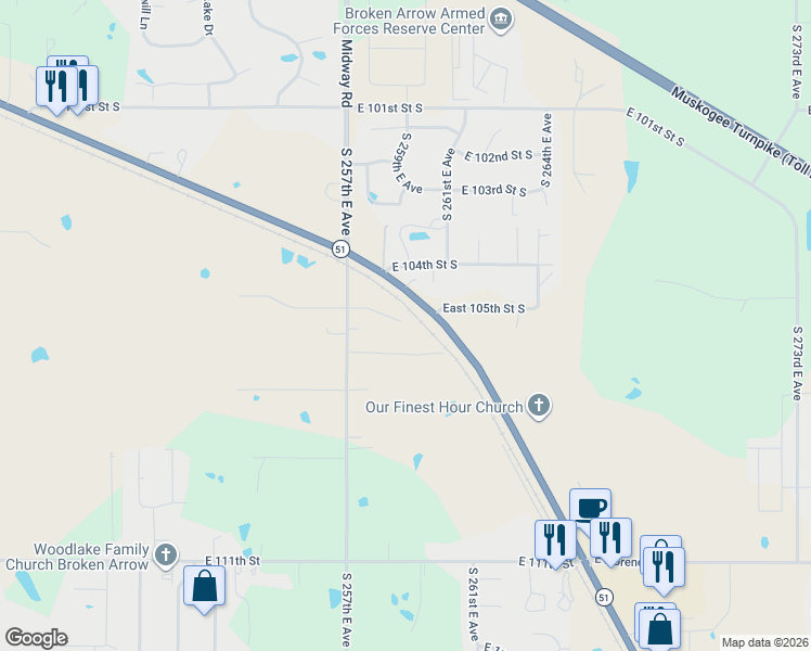 map of restaurants, bars, coffee shops, grocery stores, and more near 25909 East 105th Street in Broken Arrow