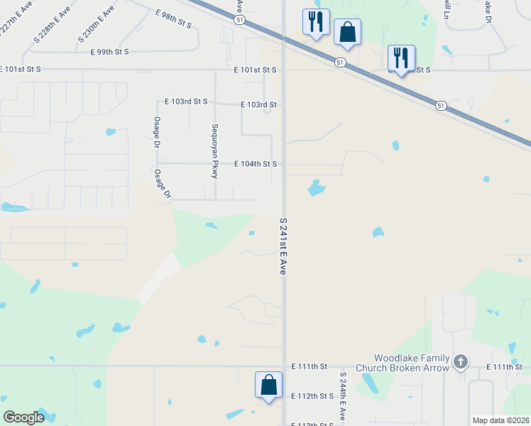 map of restaurants, bars, coffee shops, grocery stores, and more near 10600 South 241st East Avenue in Broken Arrow