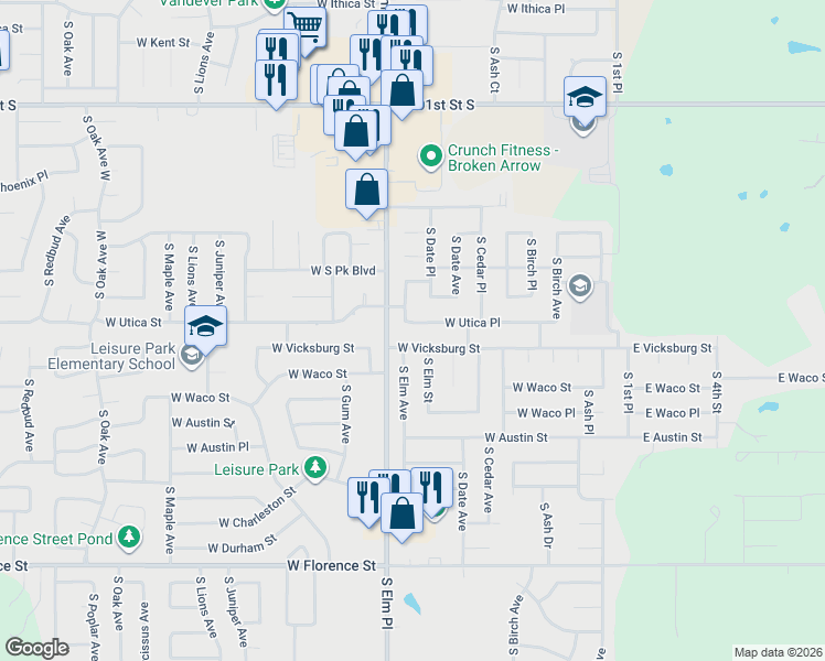 map of restaurants, bars, coffee shops, grocery stores, and more near 505 West Utica Place in Broken Arrow