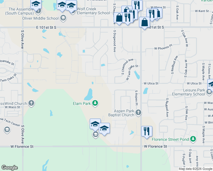 map of restaurants, bars, coffee shops, grocery stores, and more near 2501 West Twin Oaks Street in Broken Arrow