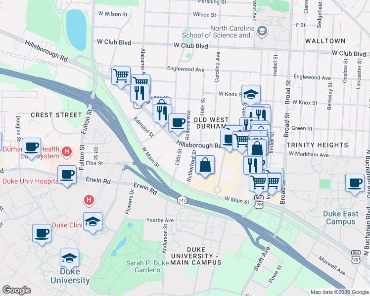 map of restaurants, bars, coffee shops, grocery stores, and more near 730 15th Street in Durham
