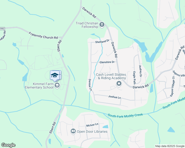 map of restaurants, bars, coffee shops, grocery stores, and more near 2145 Denise Lane in Winston-Salem