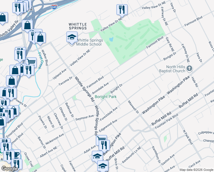 map of restaurants, bars, coffee shops, grocery stores, and more near 2728 Avondale Avenue in Knoxville