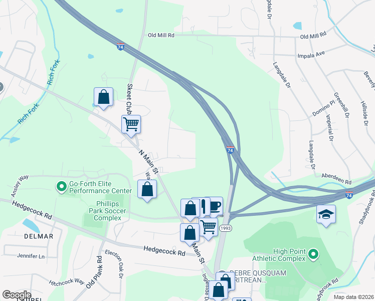 map of restaurants, bars, coffee shops, grocery stores, and more near 207 Seward Avenue in High Point