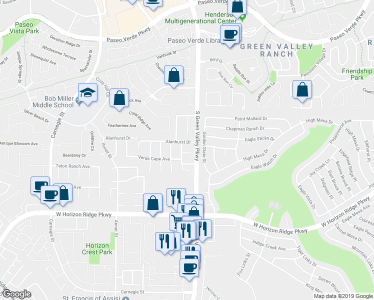map of restaurants, bars, coffee shops, grocery stores, and more near 2204 Ambermill Court in Henderson