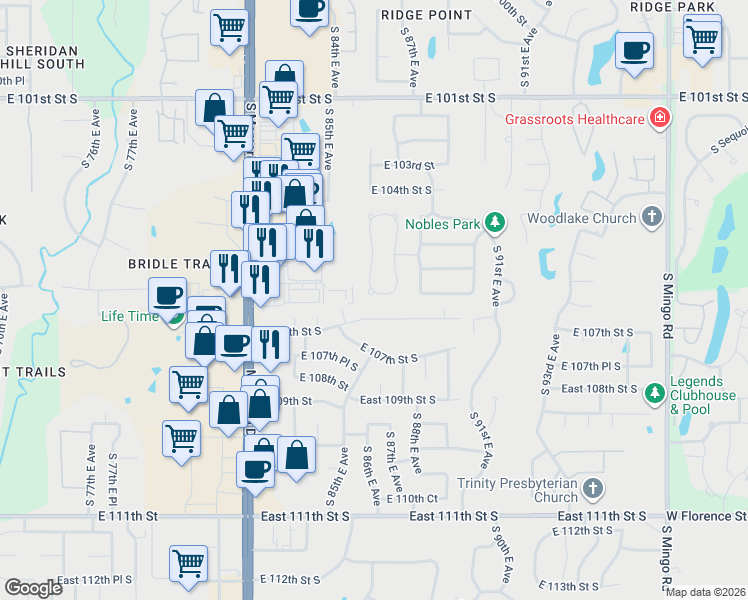 map of restaurants, bars, coffee shops, grocery stores, and more near 8672 East 105th Court South in Tulsa