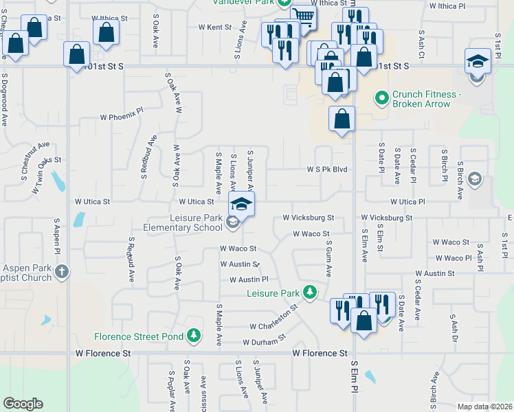 map of restaurants, bars, coffee shops, grocery stores, and more near 1005 West Utica Street in Broken Arrow