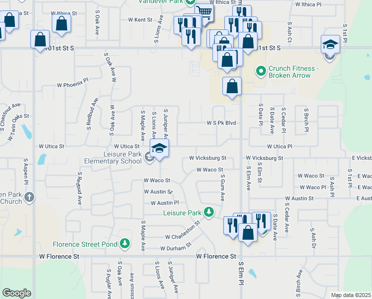 map of restaurants, bars, coffee shops, grocery stores, and more near 909 West Utica Street in Broken Arrow