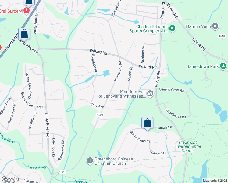 map of restaurants, bars, coffee shops, grocery stores, and more near 2601 Maxine Drive in High Point