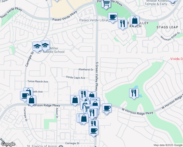 map of restaurants, bars, coffee shops, grocery stores, and more near 2204 Ambermill Court in Henderson