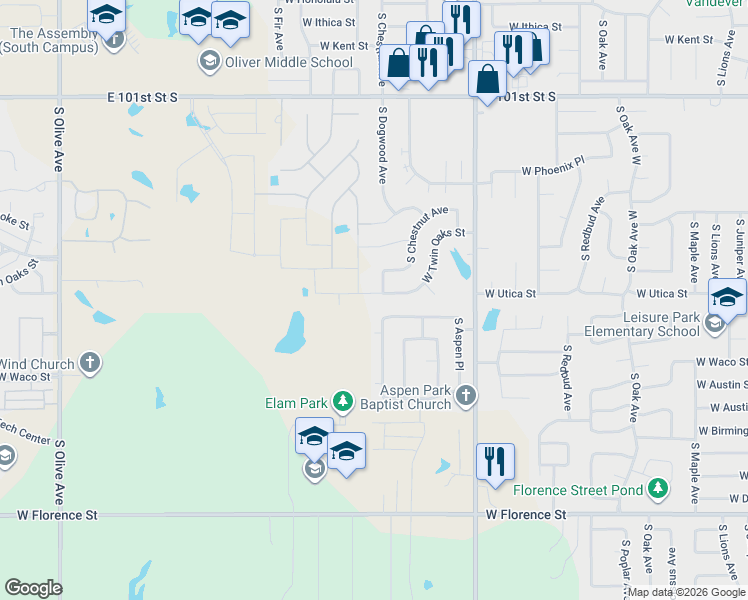 map of restaurants, bars, coffee shops, grocery stores, and more near 2501 West Twin Oaks Street in Broken Arrow
