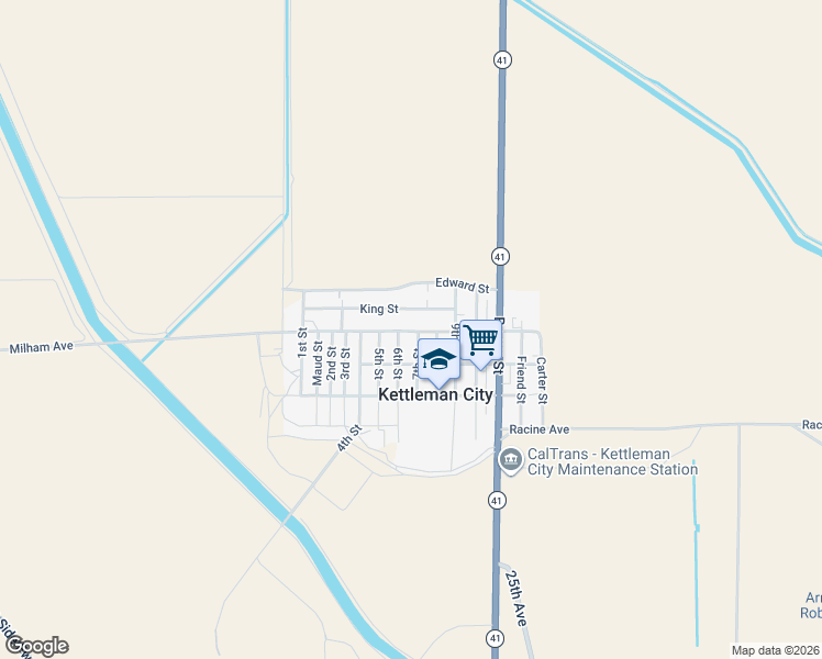 map of restaurants, bars, coffee shops, grocery stores, and more near 699 Milham Ave in Kettleman City