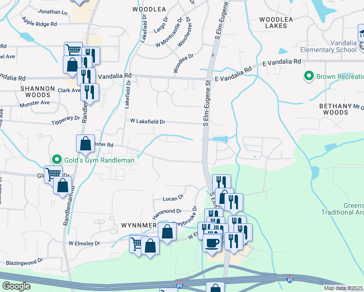 map of restaurants, bars, coffee shops, grocery stores, and more near 107 Brook Pine Drive in Greensboro