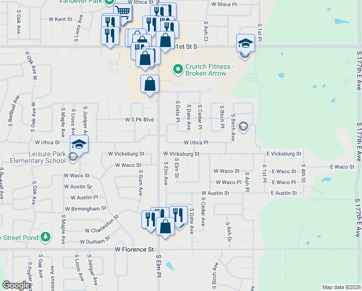 map of restaurants, bars, coffee shops, grocery stores, and more near 505 West Utica Place in Broken Arrow