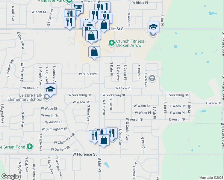 map of restaurants, bars, coffee shops, grocery stores, and more near 505 West Utica Place in Broken Arrow