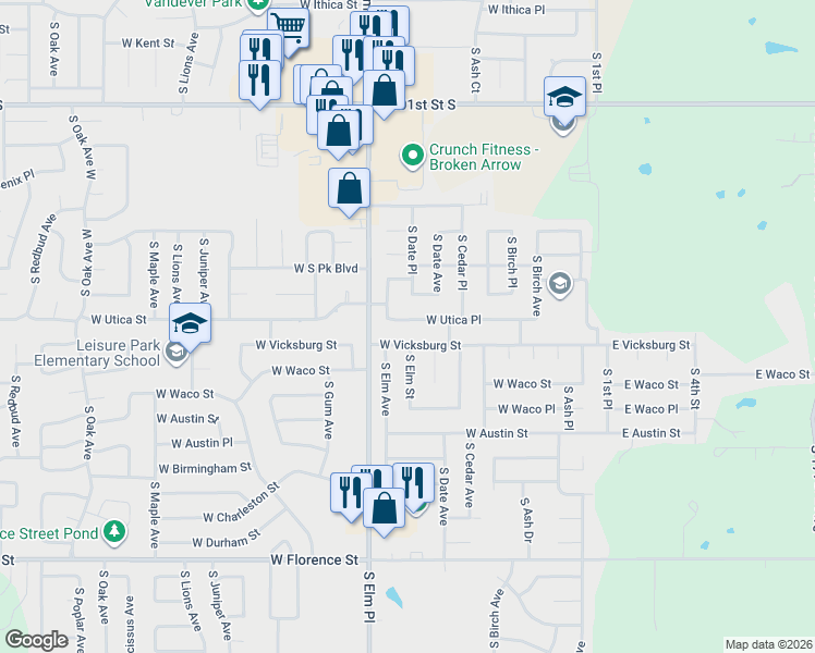 map of restaurants, bars, coffee shops, grocery stores, and more near 505 West Utica Place in Broken Arrow