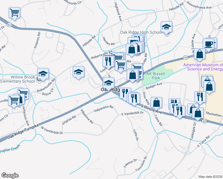 map of restaurants, bars, coffee shops, grocery stores, and more near in Oak Ridge