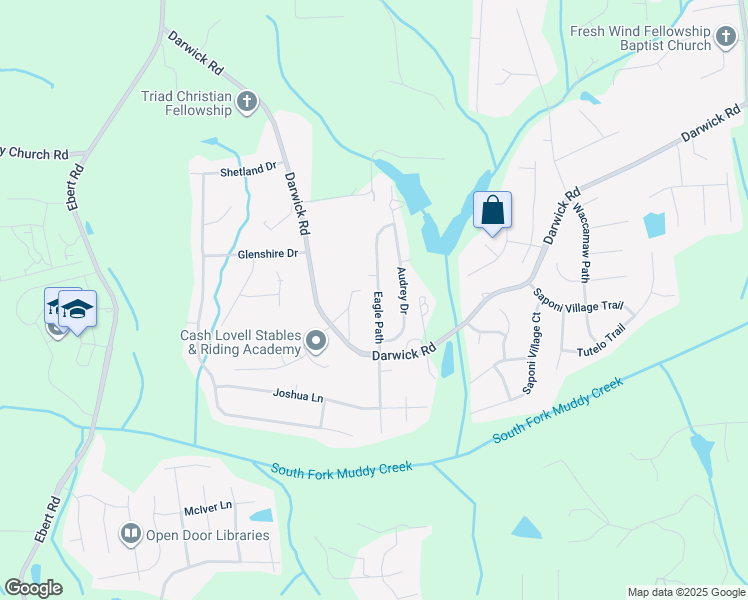 map of restaurants, bars, coffee shops, grocery stores, and more near 4734 Eagle Path in Winston-Salem